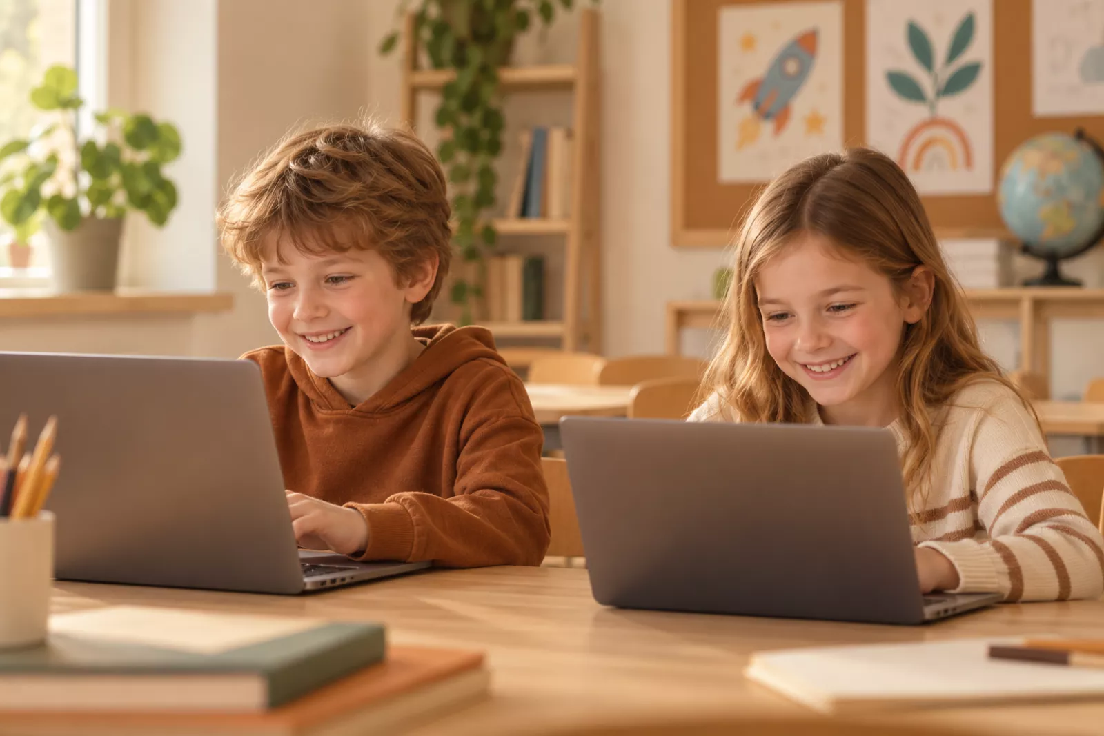 Dwoje uśmiechniętych dzieci przy laptopach podczas zajęć z programowania Skillwersum