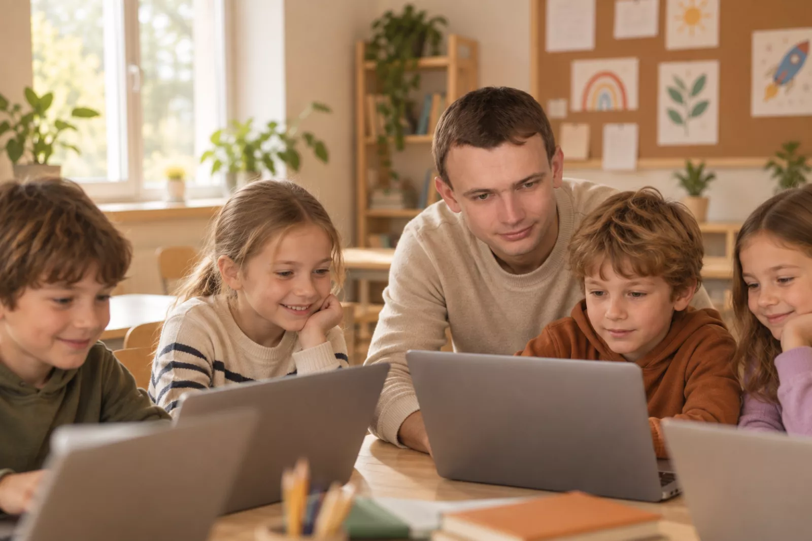 Nauczyciel i czworo dzieci przy laptopach podczas zajęć Skillwersum w sali lekcyjnej